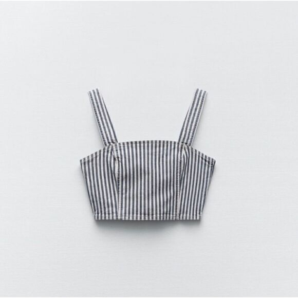 NWT Zara Blue & White Printed Striped Denim Crop Top, Size Small - Picture 7 of 15